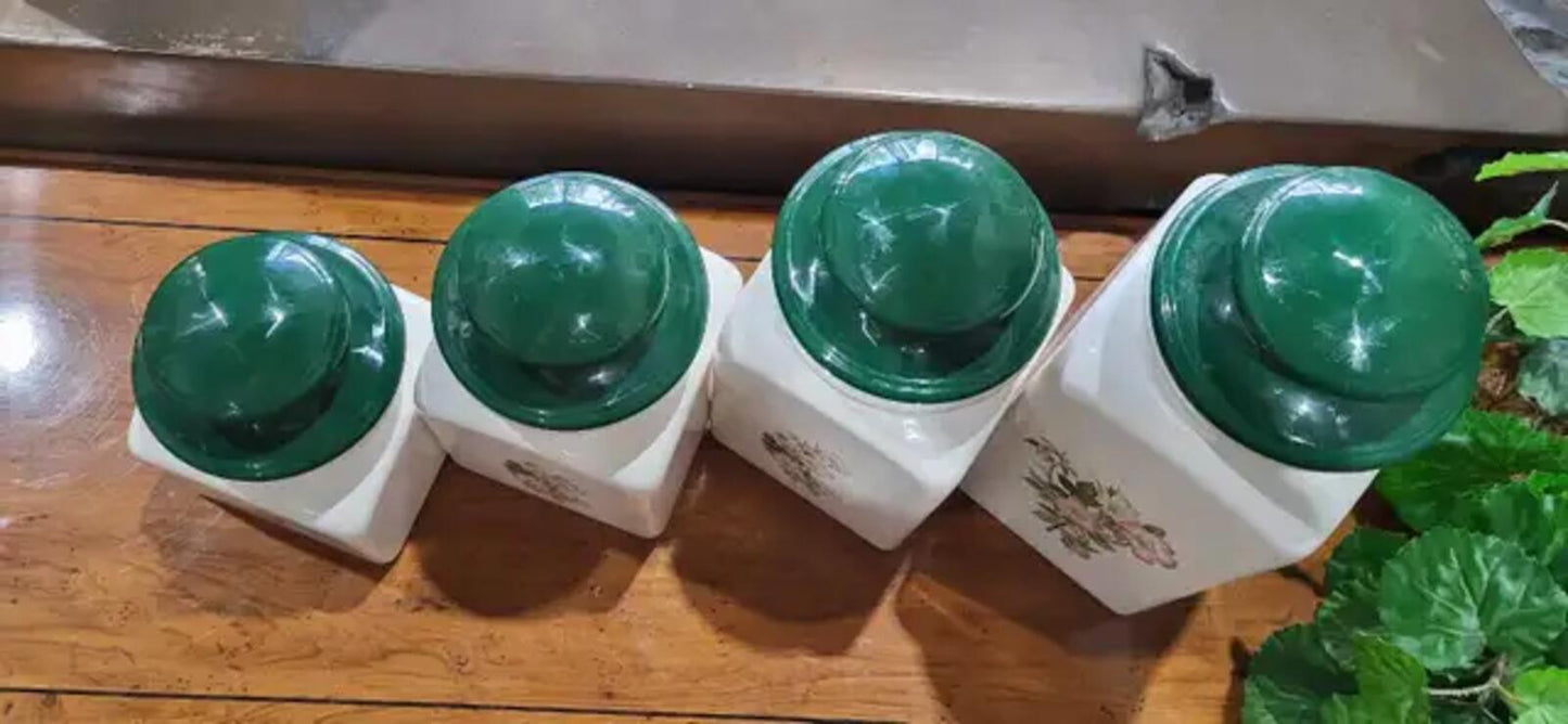 Floral Ceramic Canisters with Green Lids - Set of 4