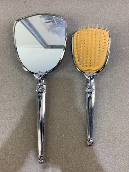 Antique Ladies hair Brush Set With Mirror & Brush, Silver