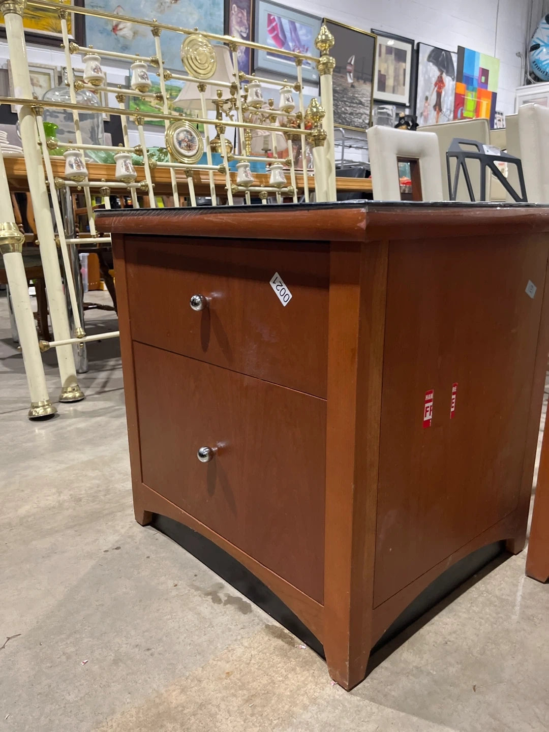Two Wooden 2-Drawer Nightstands with Black Top