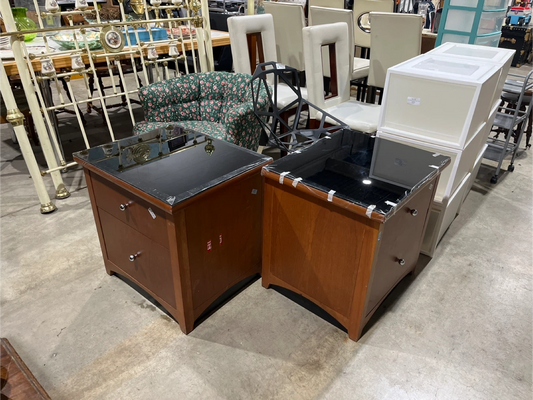 Two Wooden 2-Drawer Nightstands with Black Top