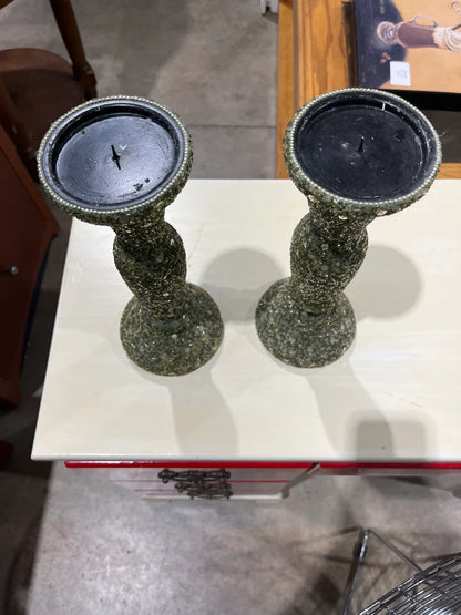 Pair of Decorative Green Candle Holders