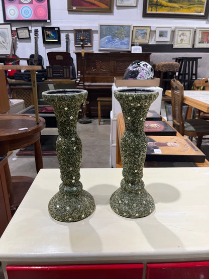 Pair of Decorative Green Candle Holders