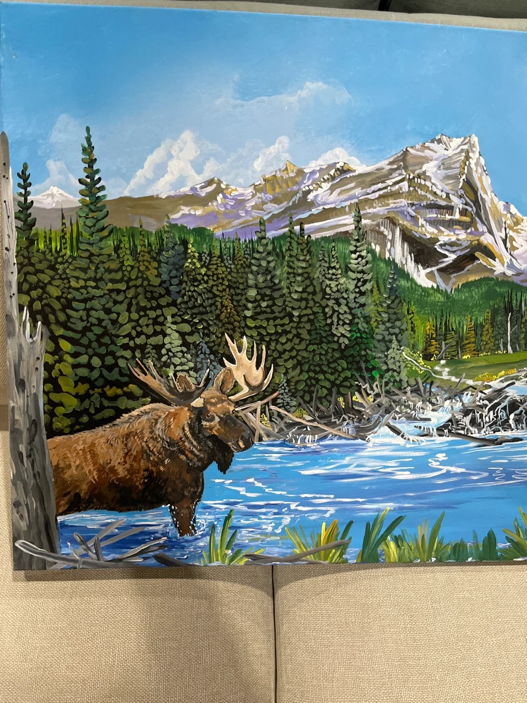 Moose in Mountain Lake Painting