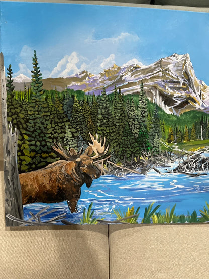 Moose in Mountain Lake Painting