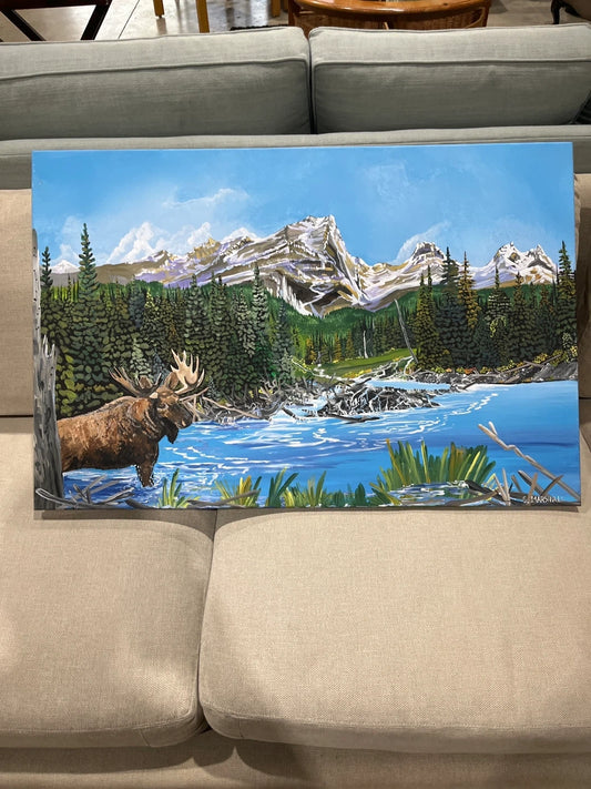 Moose in Mountain Lake Painting