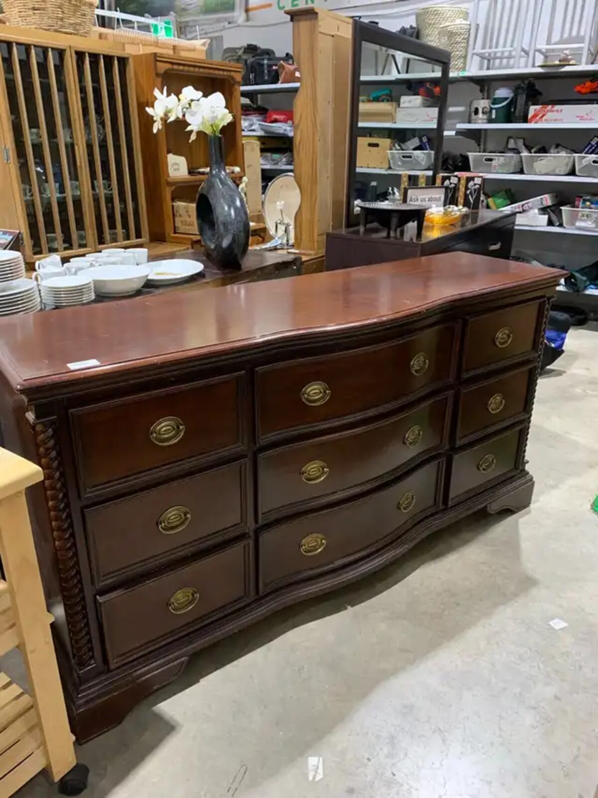 Dark Wood 9-Drawer Dresser with curve