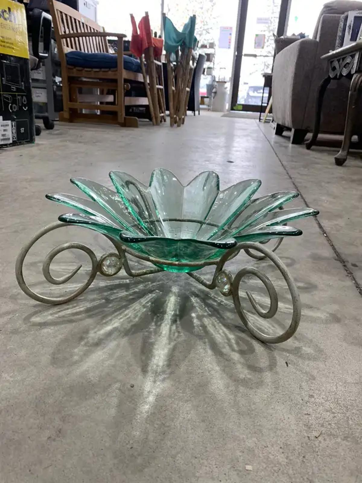 Glass Flower Bowl on Metal Stand