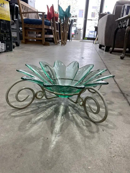 Glass Flower Bowl on Metal Stand
