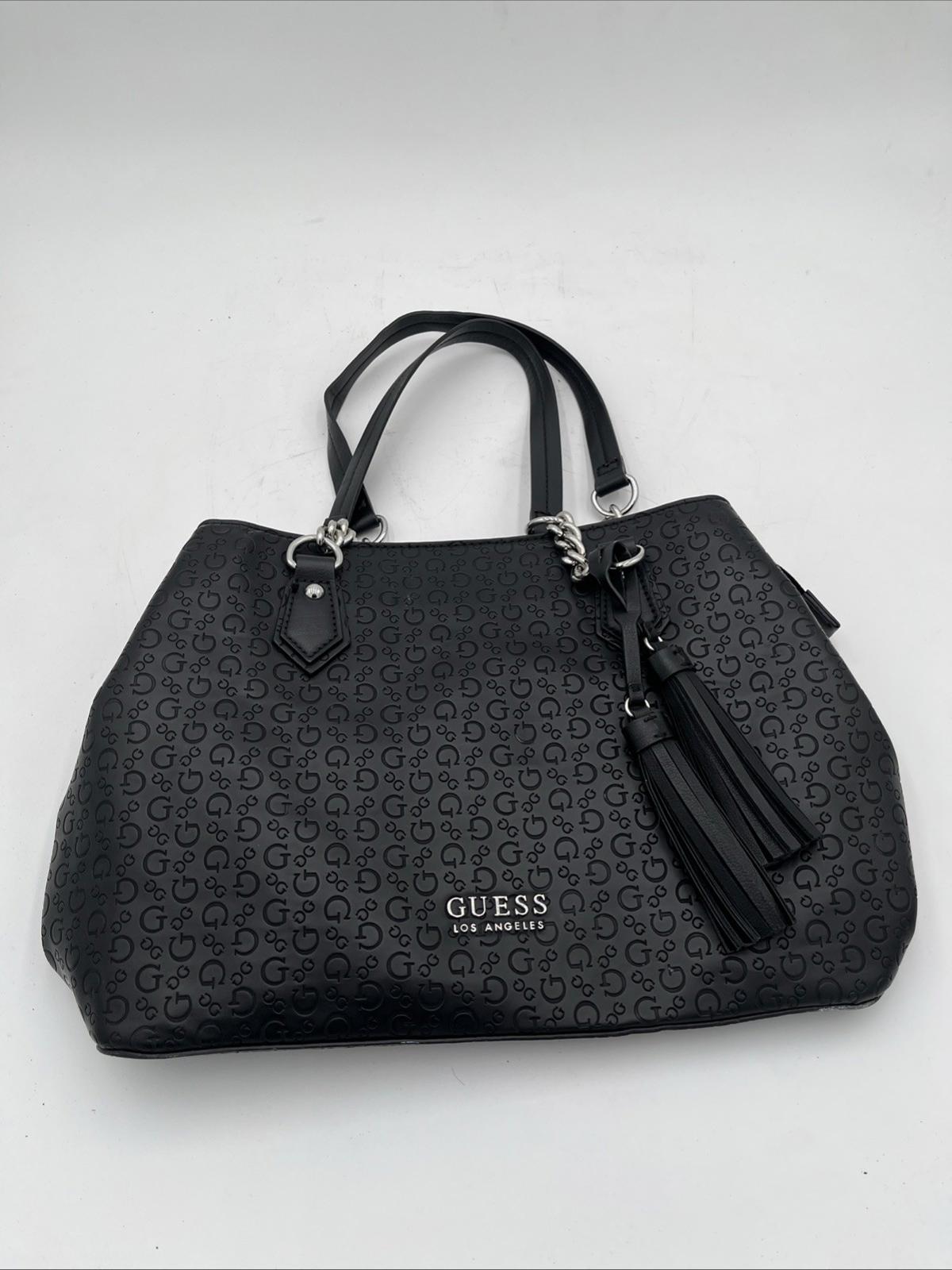 Guess Los Angeles Black Embossed Logo Satchel Purse Structured Tote Classic