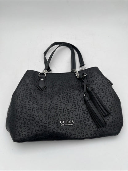 Guess Los Angeles Black Embossed Logo Satchel Purse Structured Tote Classic