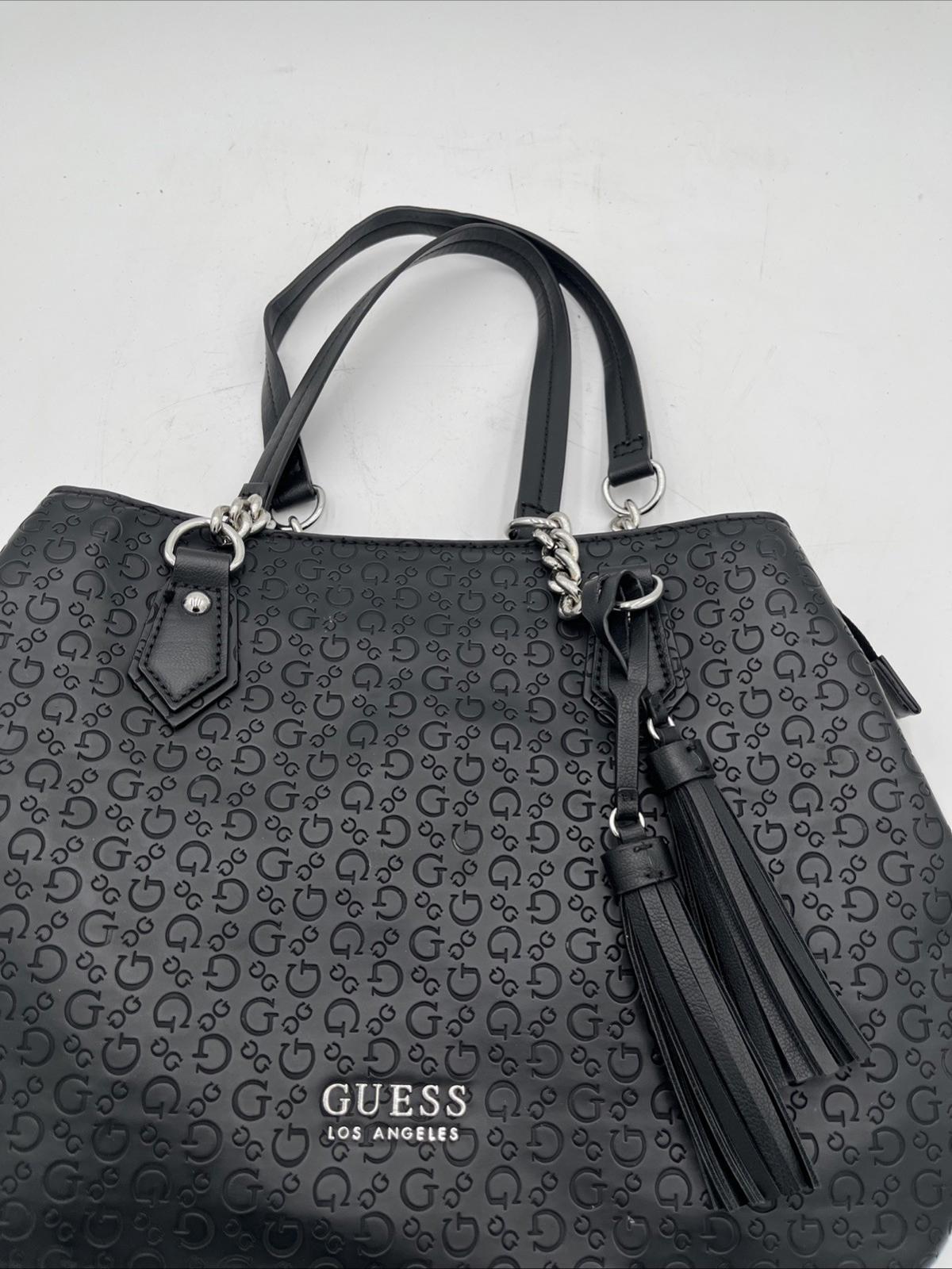 Guess Los Angeles Black Embossed Logo Satchel Purse Structured Tote Classic