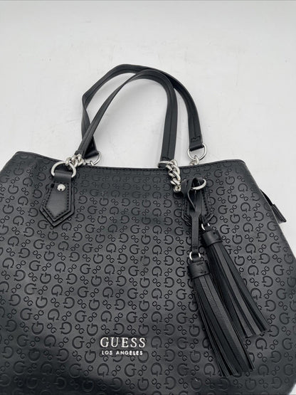 Guess Los Angeles Black Embossed Logo Satchel Purse Structured Tote Classic