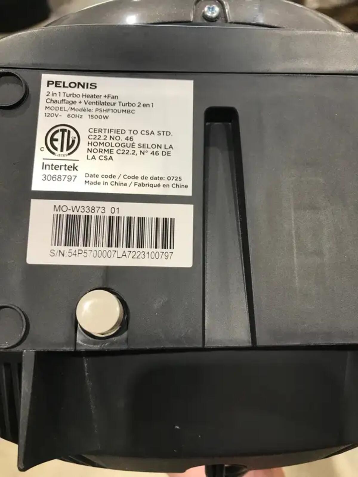 10’ Pelonis 2 in 1 Turbo Heater + Fan Black and Silver