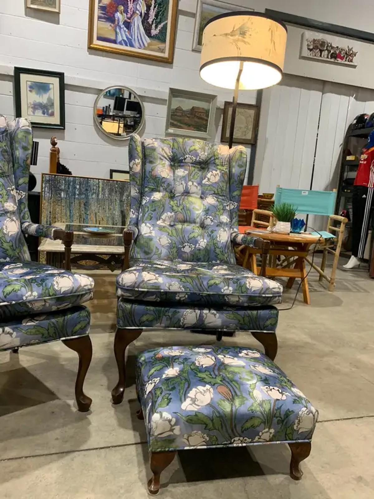 Blue Floral Wingback Chairs with footstool