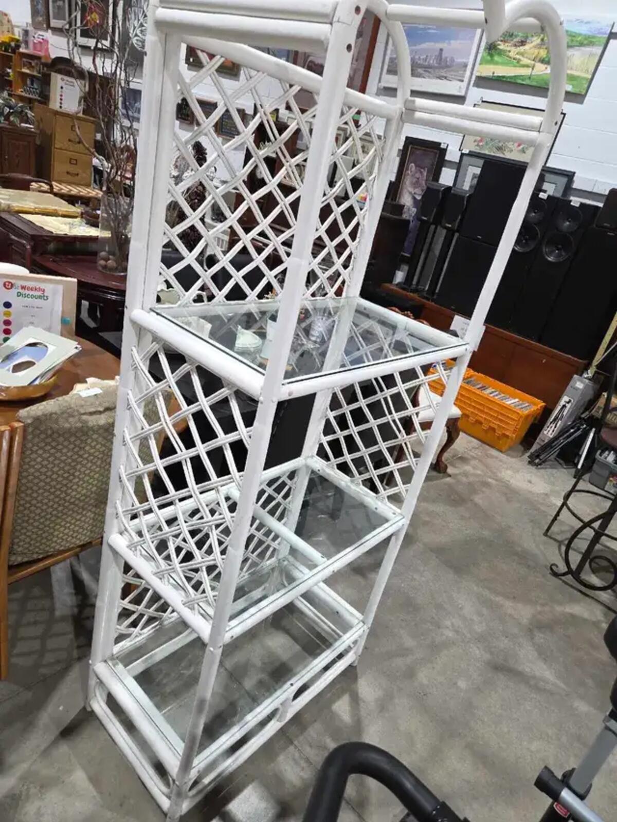 McGuire-Style Arched Cerused Rattan Étagère with 3 Glass Shelves
