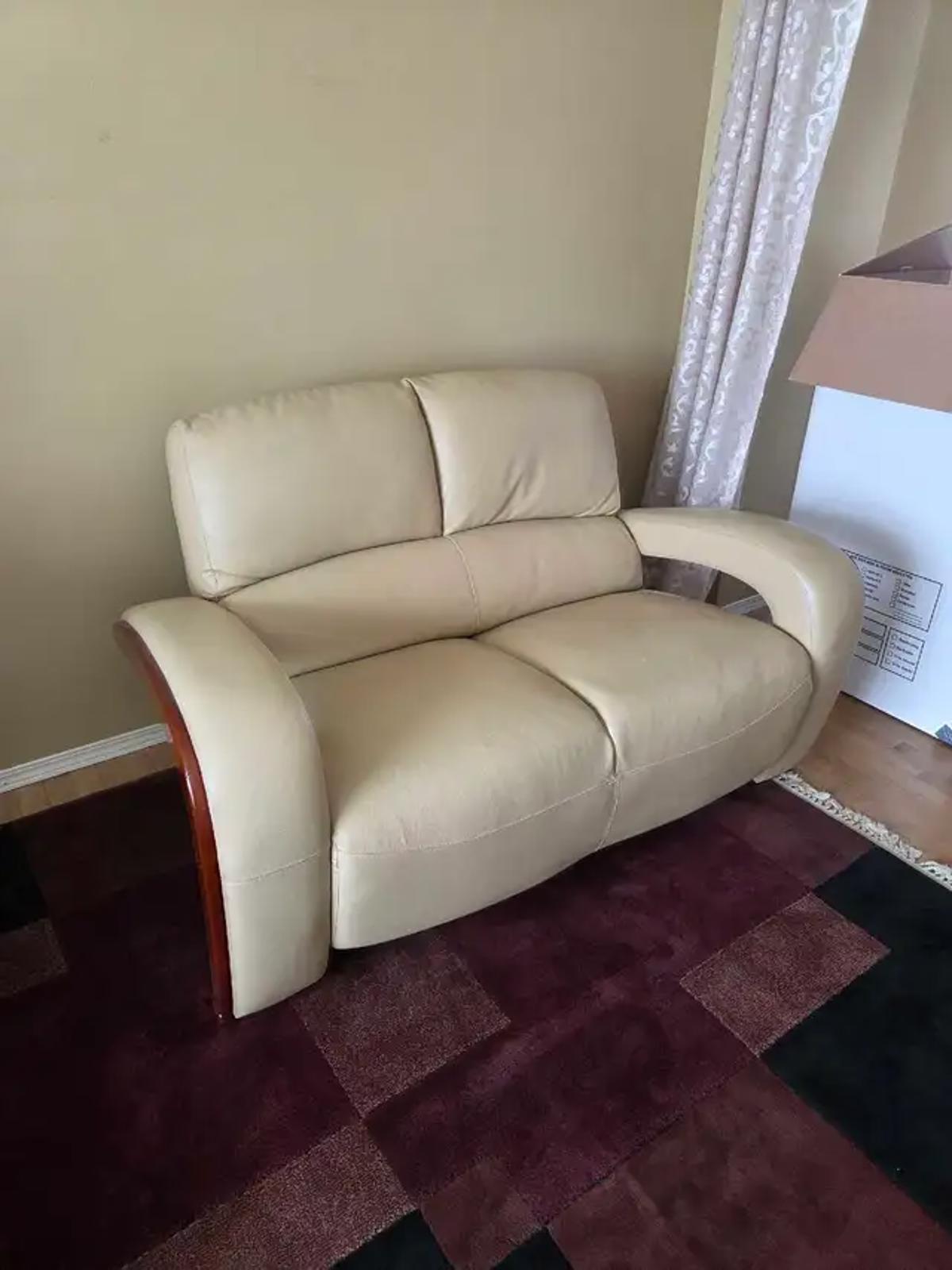 Contemporary Curved Leather Loveseat - Cream