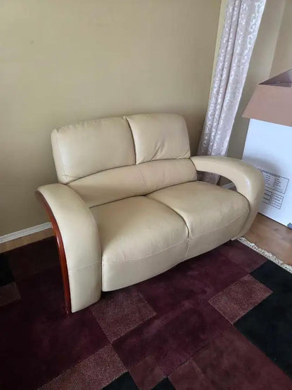 Contemporary Curved Leather Loveseat - Cream