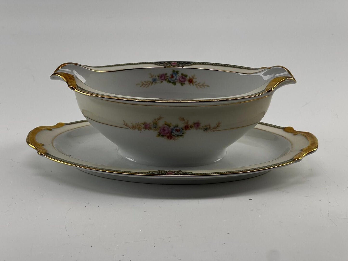 Vintage NORITAKE China  "FLOREAL"  GRAVY BOAT with Attached Underplate