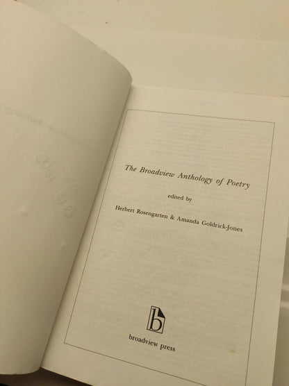 THE BROADVIEW ANTHOLOGY OF POETRY By Amanda Goldrick-jones & Herbert Rosengarten