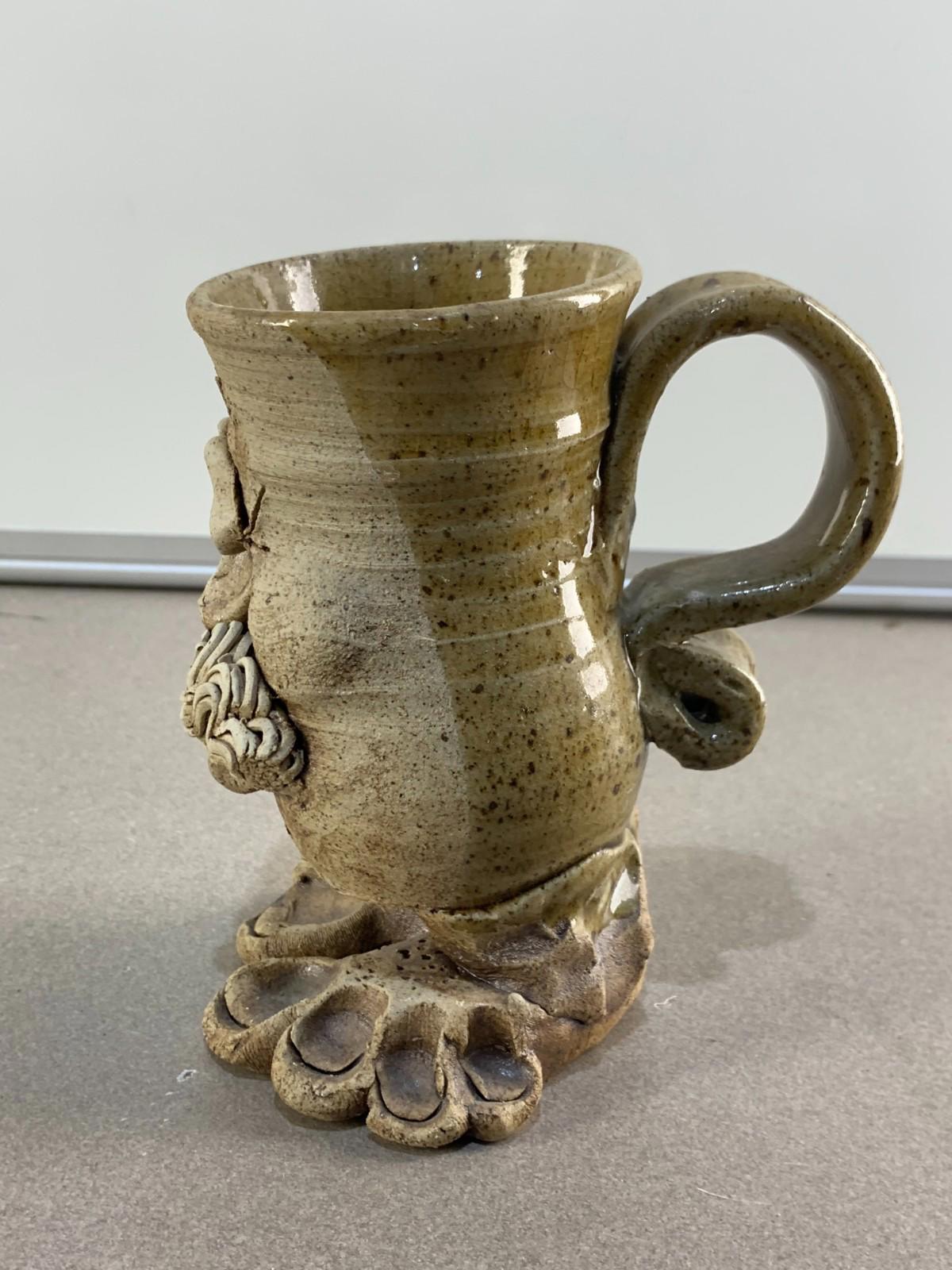 Vintage 1970s Studio Pottery Stoneware Funny Ugly Face Mug with Feet