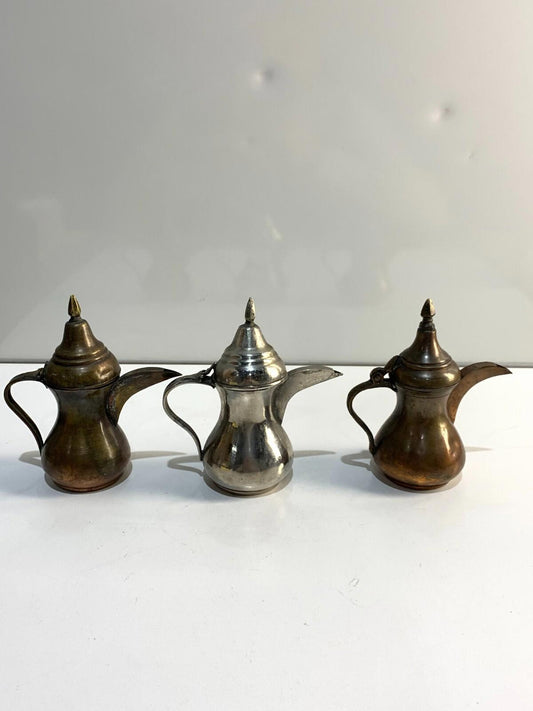 Lot of 3 Dallah Arabic Middle Eastern Antique Silver Plate Tea Coffee Pot Qahwa
