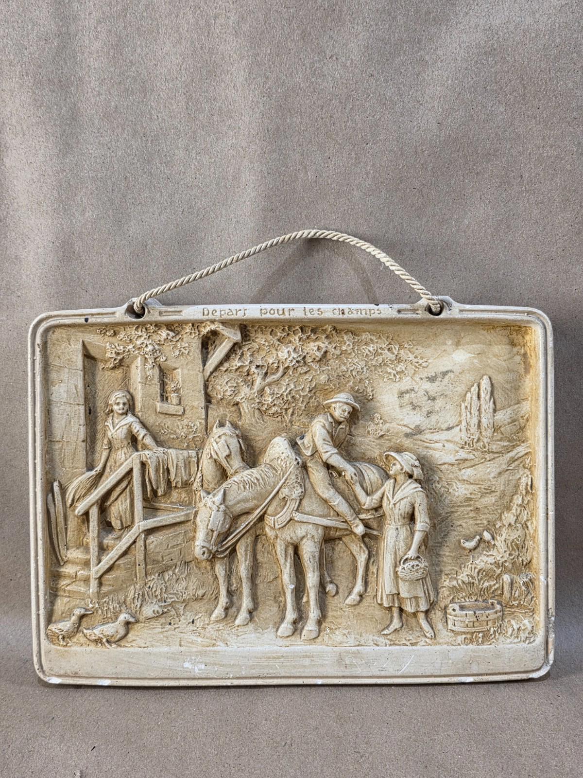 Vintage French Bas-Relief Wall Plaque “Départ pour les champs” Chalkware France