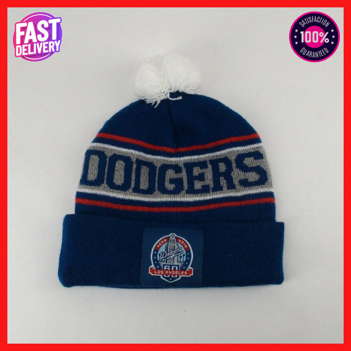 Los Angeles LA Dodgers 60th Anniversary Beanie Pom Hat - Red, White & Blue MLB