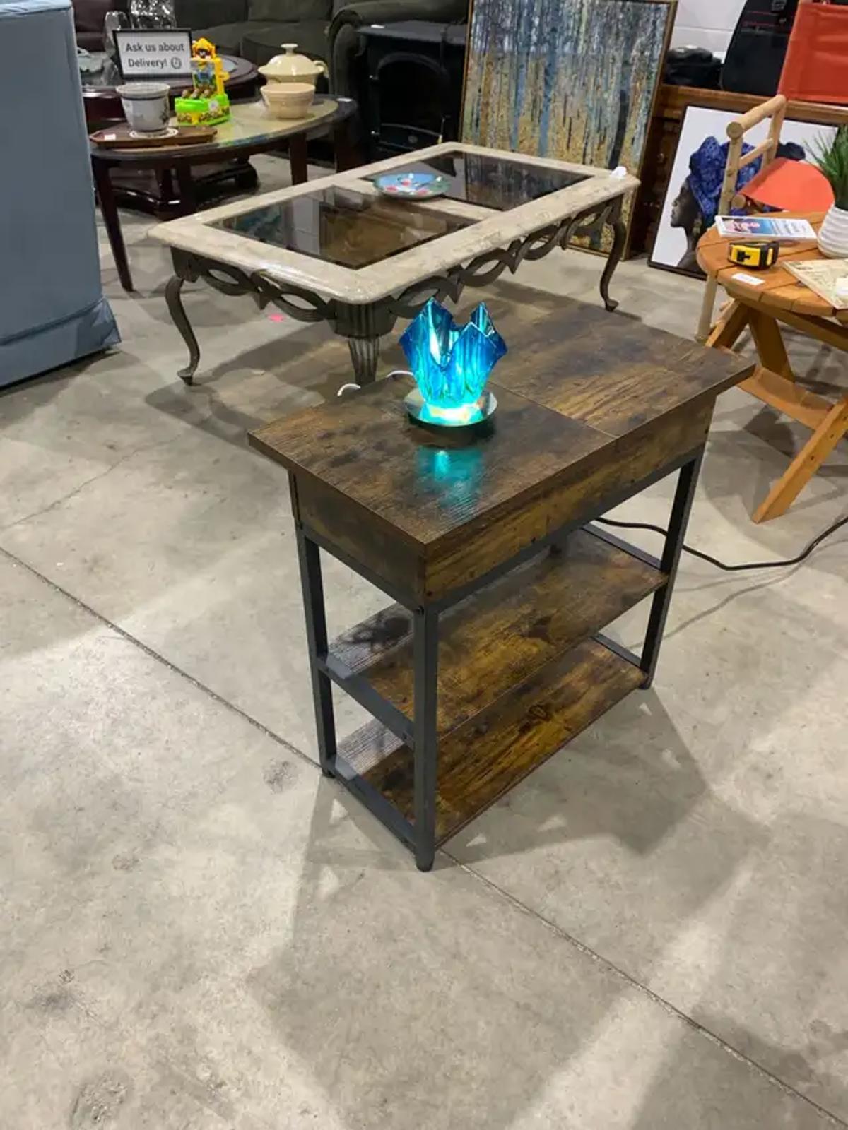 Industrial Style Side Table with power outlet.