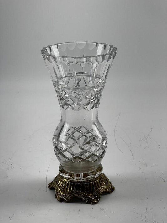 Vintage Crystal Etched Vase With Metal Base