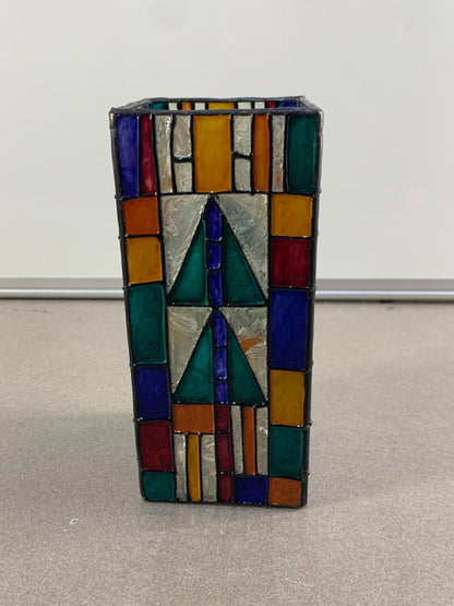 VTG Stain Glass Style Painted Votive Holder in Geometric Design Red Green Blue