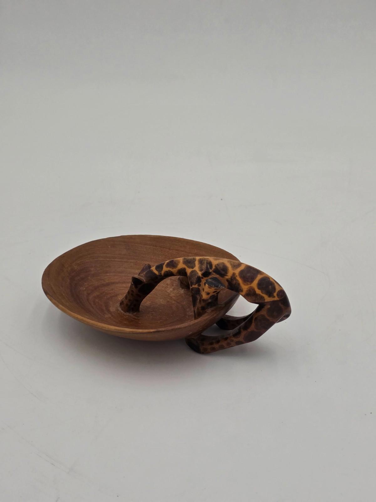 African Art Hand Carved Wood Bowl Giraffe Drinking Jewlery Ring Trinket Dish