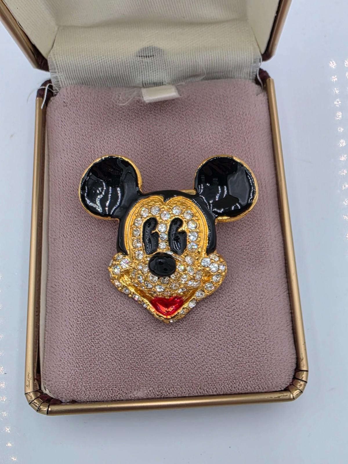Vintage Mickey Mouse Disney Brooch Enamel Crystal Pin Gold Tone - Peoples Box