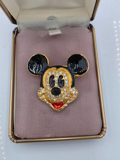 Vintage Mickey Mouse Disney Brooch Enamel Crystal Pin Gold Tone - Peoples Box
