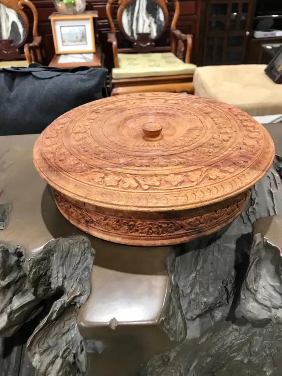 Hand Carved Wooden Dish with Lid and Segments