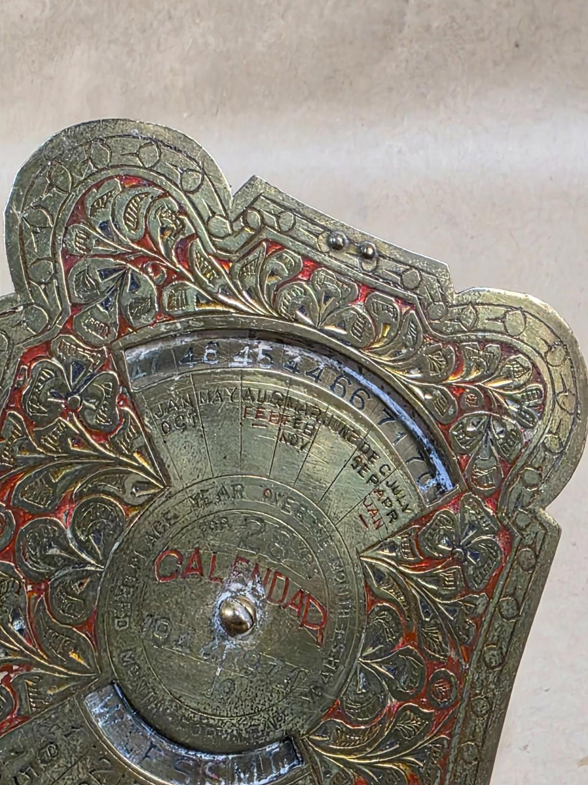 Vintage Embossed Brass Perpetual Desk Calendar; 28-Year Calendar 1944 to 1971
