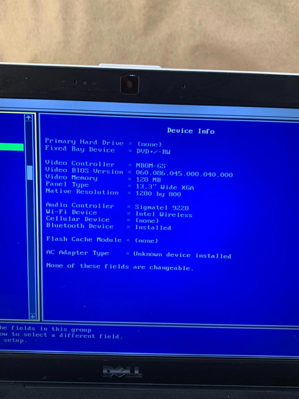Dell XPS M1330 Core 2 Duo 2GHz, 4GB RAM Boots To BIOS Good Screen