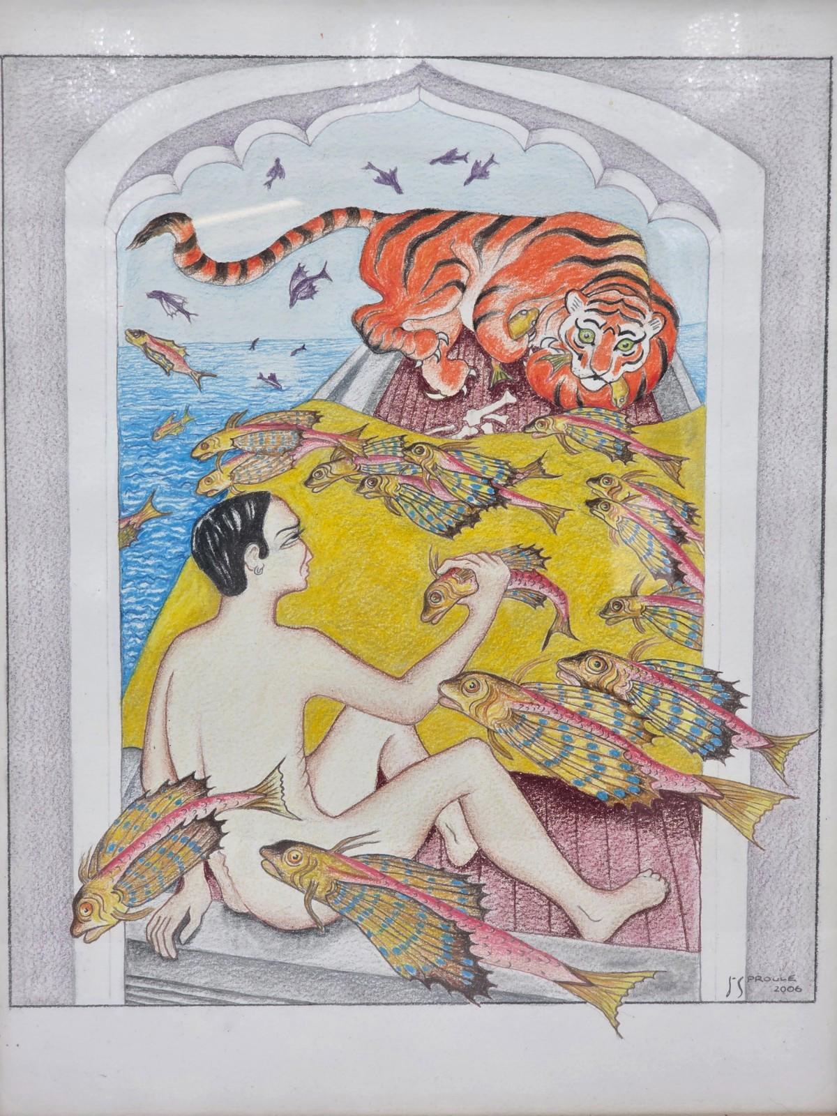 Original Indian Painting Handmade Artwork Man Fish Tiger Scene Folk Art