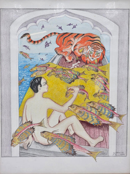 Original Indian Painting Handmade Artwork Man Fish Tiger Scene Folk Art