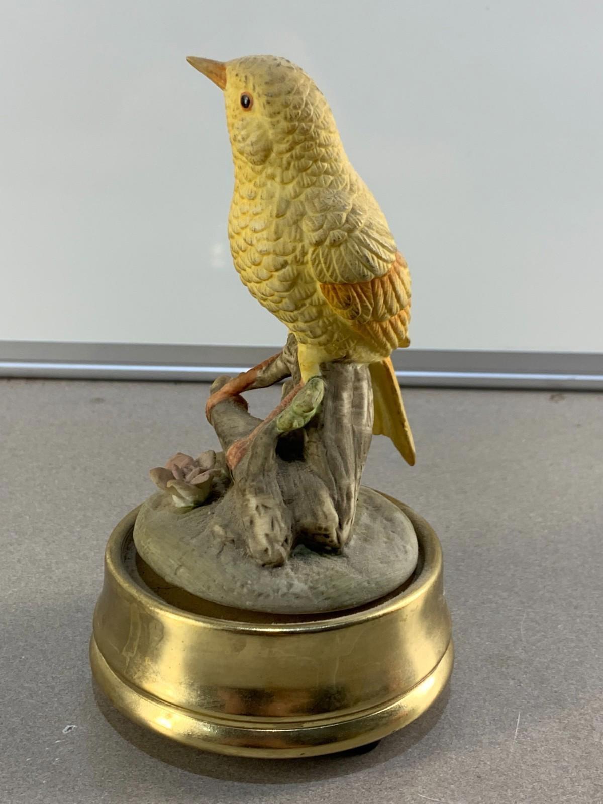 Vintage Yellow Ceramic Canary Bird On Branch Figurine Music Box
