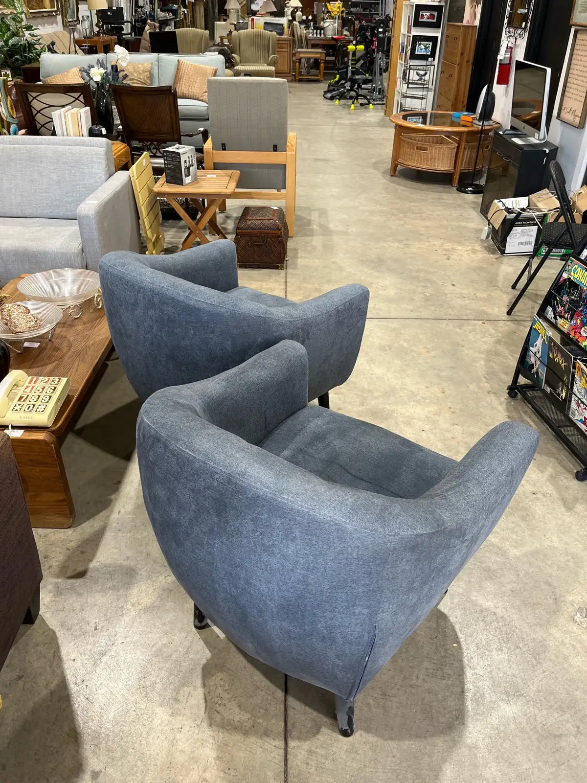 Set of two blue wingback chairs