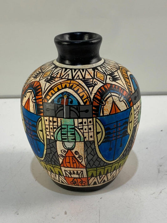 Hand painted tribal pottery vase geometric patterns abstract colors