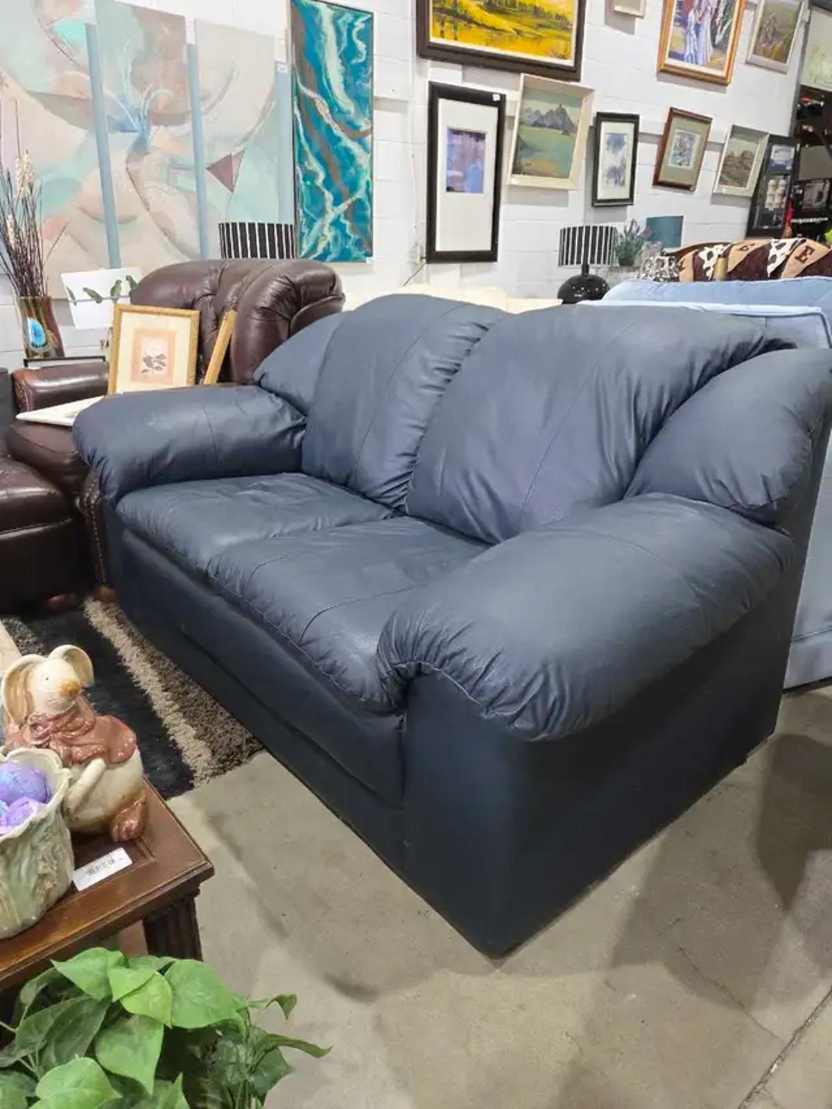 Navy Blue Leather Loveseat