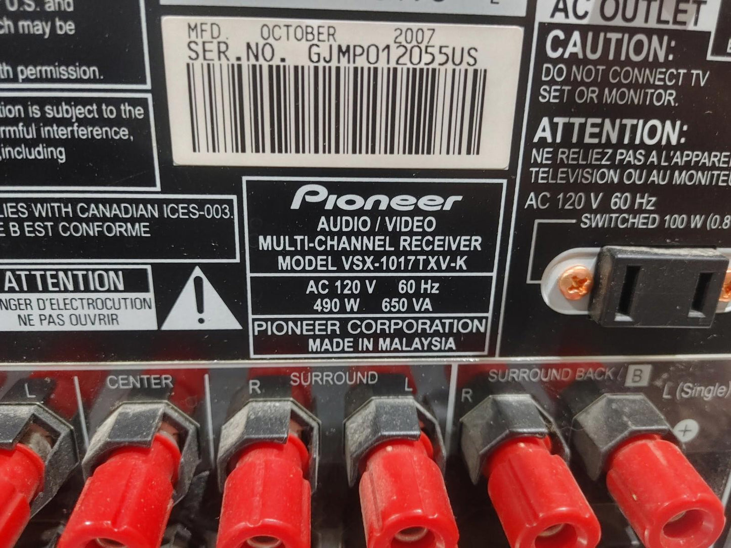 Good Condition Pioneer Audio/Video Multi-Channel Receiver VSX-1017TXV Power Test