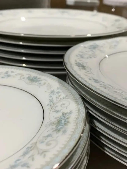 Beautiful 35 piece Blue Floral and Silver China Dinnerware Set