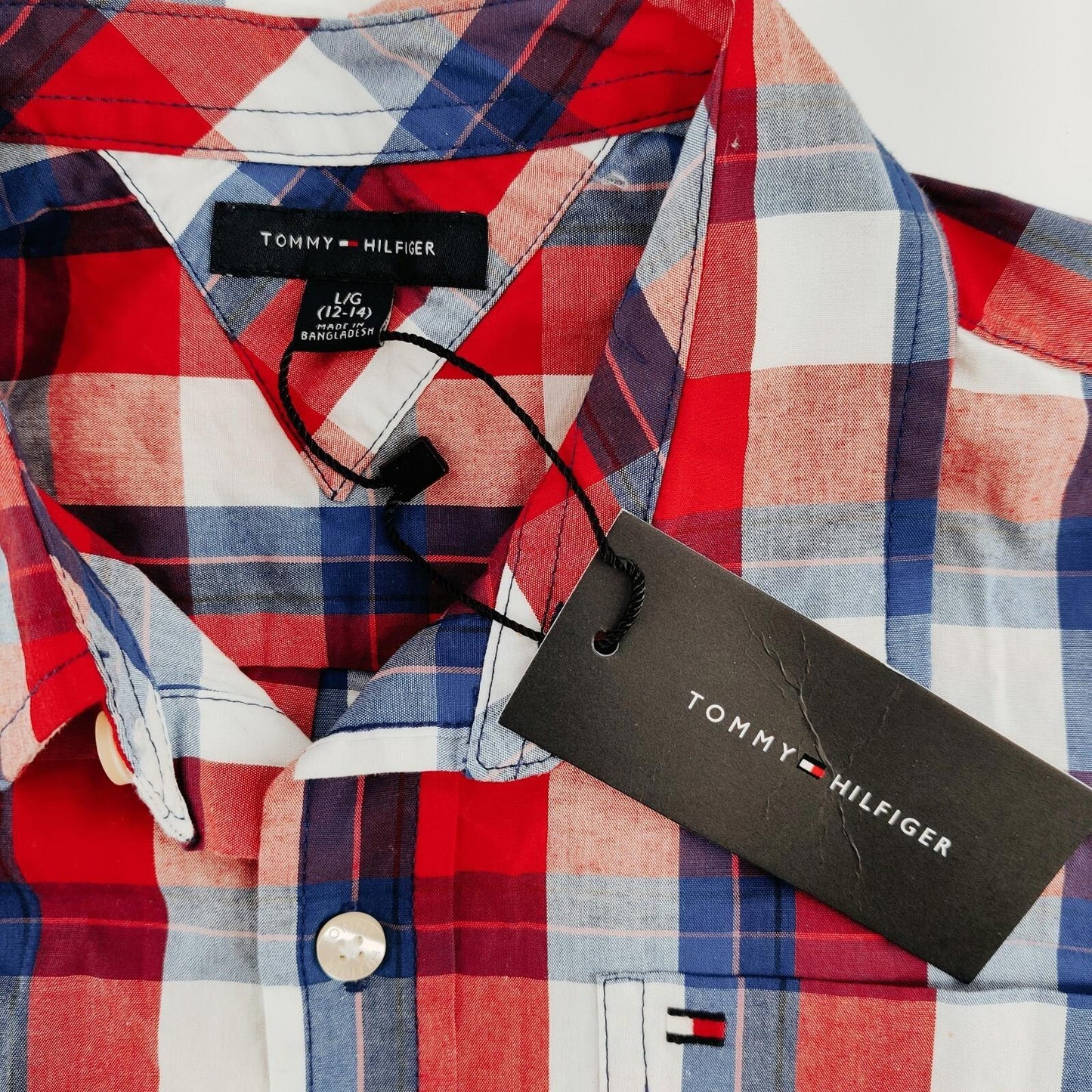NWT Tommy Hilfiger Youth Button Down Blue and Red Plaid Shirt Size L (12-14)
