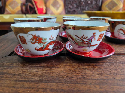 Set of 8 Asian Dragon Design Tea Cups w/ Red Saucers