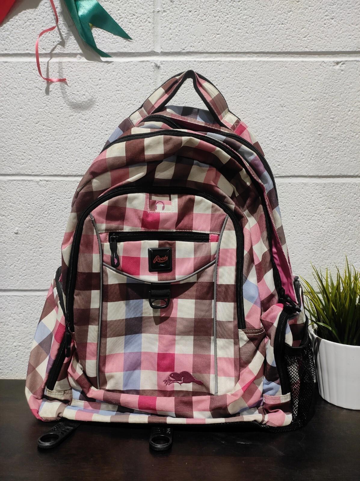 Roots Backpack Book Bag Plaid Pink Gray Black Pockets Zipped Beaver Bags