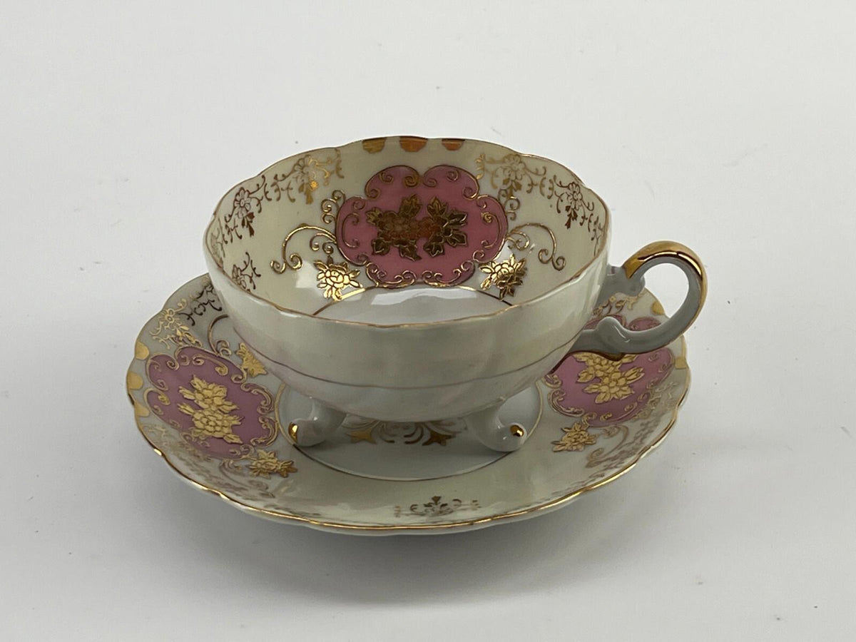 Vintage Shafford - Pink and Gold Floral - Three Footed Cup & Saucer - Teacup