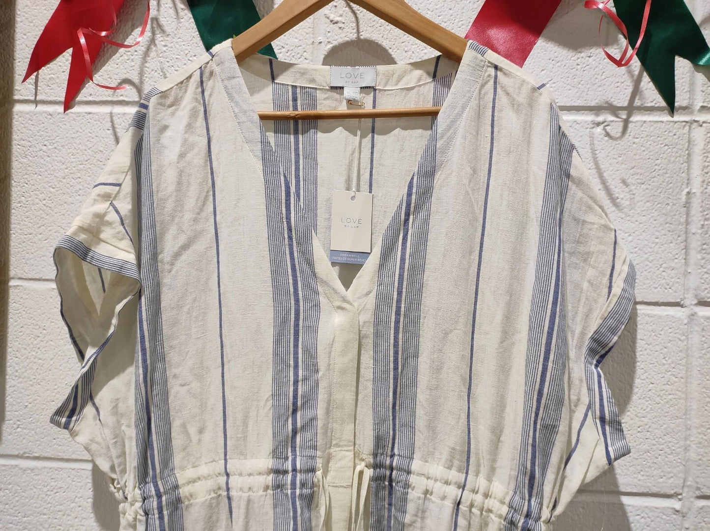 NWT Gap Size XL Linen Cream Blue Stripe Women Jumpsuit Romper Shorts Belted