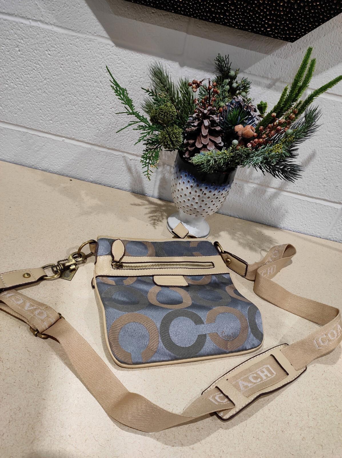Coach Crossbody Purse Cream with blue and tan pattern